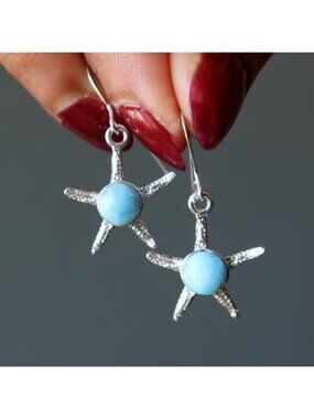 Larimar Earrings Blue Starfish Stone Sterling Silver Ocean Beach Dangle Jewelry